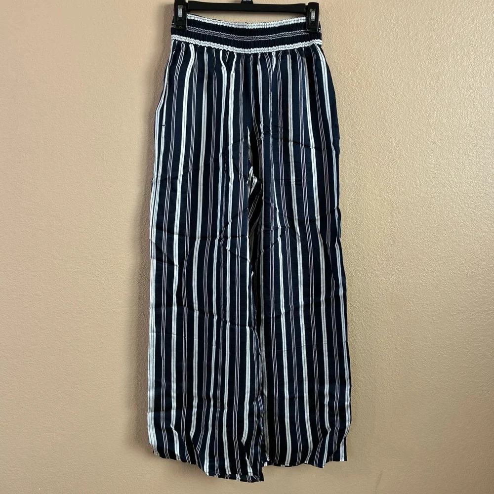 Everlane New‎ Size XS Viscose Satin Wide Leg Pull On Pant Blue White Striped